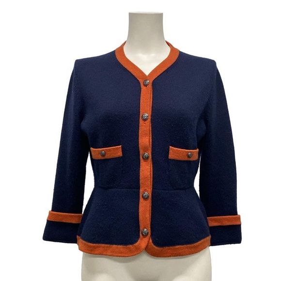 Chanel Sweaters - Chanel Cardigan Size 38 M Women - P59182 Dark Navy And Orange Long Sleeves /